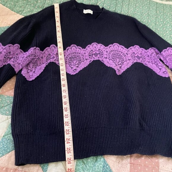 Sandro Paris Wool Lace Insert Sweater Womens 6 Navy Blue Knit Boho Oversized - Picture 6 of 11